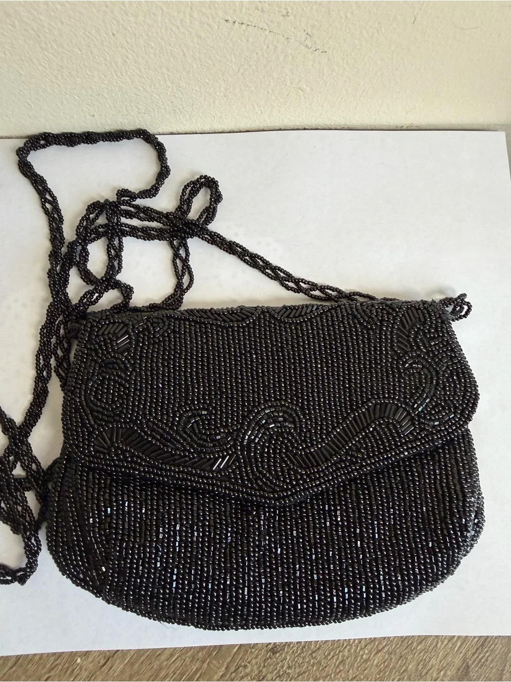 Black Beaded Evening Clutch with Braided Strap